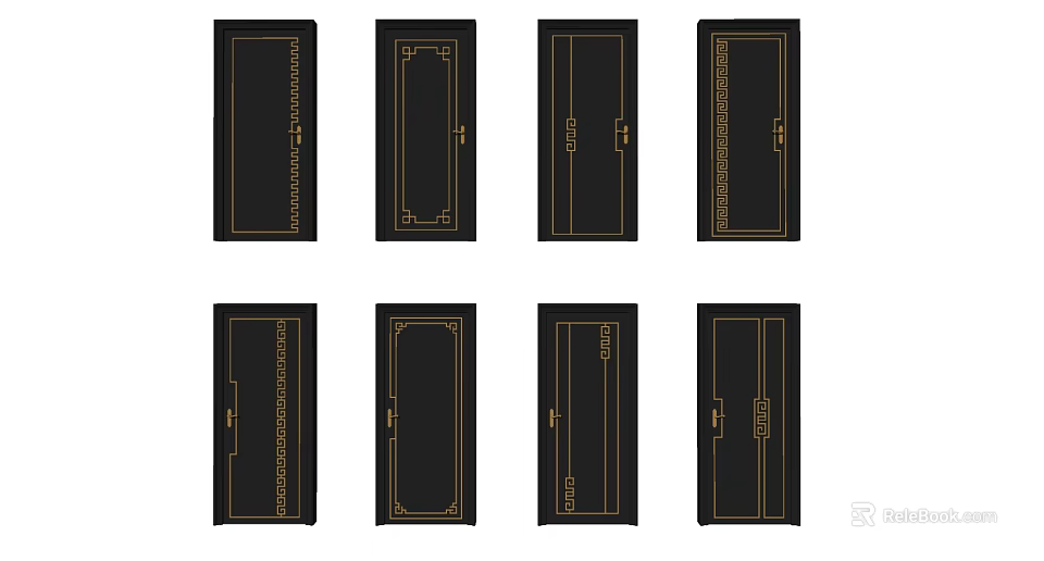 Stylish Black Hinged Doors with Various Golden Decorative Patterns and Handles 3d model