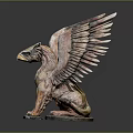 Intricate Detailed Winged Griffin Sculpture Carving With Spread Wings In Sitting Pose