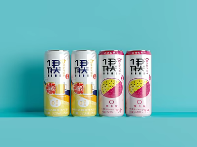 Four Yilian Beverage Cans With Grapefruit Dragon Fruit Flavors Zero Sugar On Light Blue Background 3d model