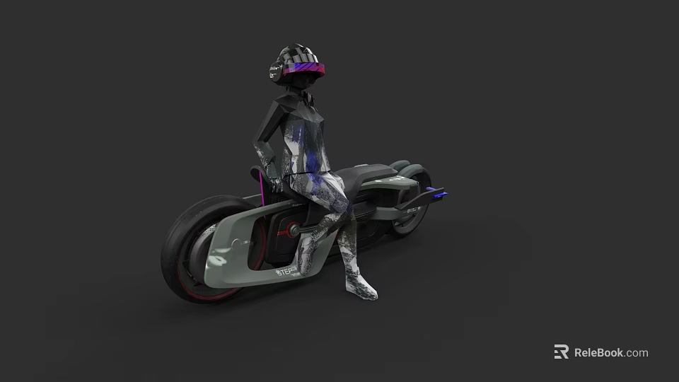 Modern Motorcycle With Human Figure Wearing Helmet And Patterned Suit On Dark Background 3d model 