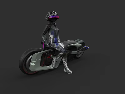Modern Motorcycle With Human Figure Wearing Helmet And Patterned Suit On Dark Background 3d model