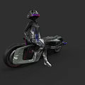 Modern Motorcycle With Human Figure Wearing Helmet And Patterned Suit On Dark Background
