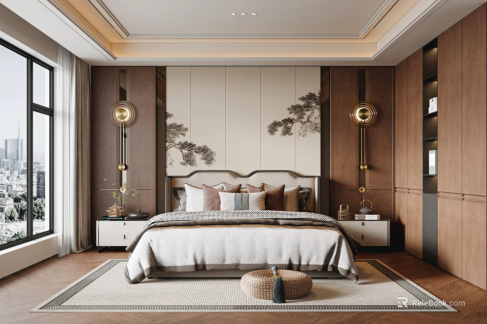 Elegant Modern Bedroom Interior With Wooden Furniture Headboard Wall Landscape Painting Pendant Lights And Rug 3d model 