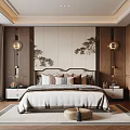Elegant Modern Bedroom Interior With Wooden Furniture Headboard Wall Landscape Painting Pendant Lights And Rug