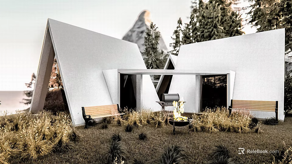 White Triangle Roof Guesthouse Surrounded by Trees with Mountain View Lawn Bench and Fire Pit 3d model 