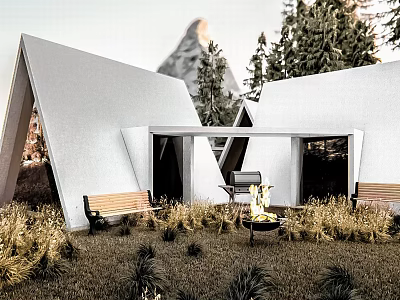 White Triangle Roof Guesthouse Surrounded by Trees with Mountain View Lawn Bench and Fire Pit 3d model