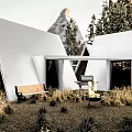 White Triangle Roof Guesthouse Surrounded by Trees with Mountain View Lawn Bench and Fire Pit