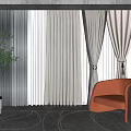 Modern Beige And Dark Curtains In Bright Room With Orange Chair And Green Plant