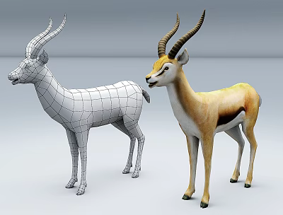 3D Antelope Wireframe And Rendered Models Display In Studio Setup 3d model