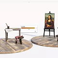 Art Supplies Setup With Easels Mona Lisa Paintings Tables Brushes And Stools On Wooden Platforms