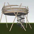 Modern Wooden Observation Deck With Spiral Staircase In Lush Green Park Setting