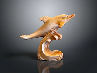 Wooden Dolphin Sculpture With Leaping Pose And Wave Shaped Base 3d model