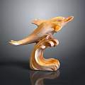 Wooden Dolphin Sculpture With Leaping Pose And Wave Shaped Base