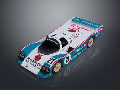 White Racing Car With Blue Pink Stripes Numbers 21 27 Sponsor Blackthorn Porsche Sleek Design 3d model