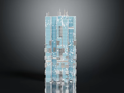 Modern Skyscraper Building With Glass Facade And Geometric Blue Reflective Surface And Top Antennas 3d model