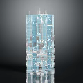 Modern Skyscraper Building With Glass Facade And Geometric Blue Reflective Surface And Top Antennas