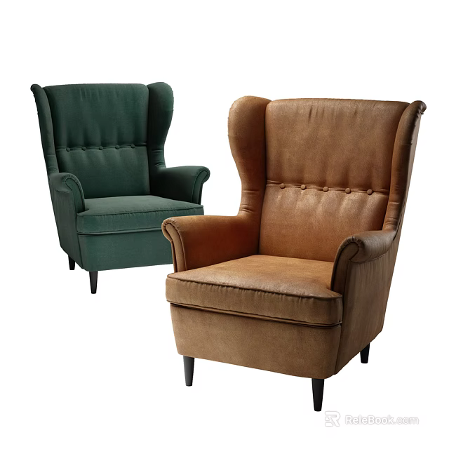 Stylish Green and Brown Upholstered Armchairs with Classic Design for Living Room 3d model 