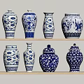 Blue and White Decorative Vases on Wooden Shelves with Floral Dragon Patterns and Various Designs