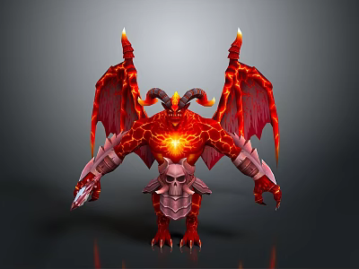 Red Demon Game And Movie Character With Horns Wings Glowing Core And Skull Decoration 3d model
