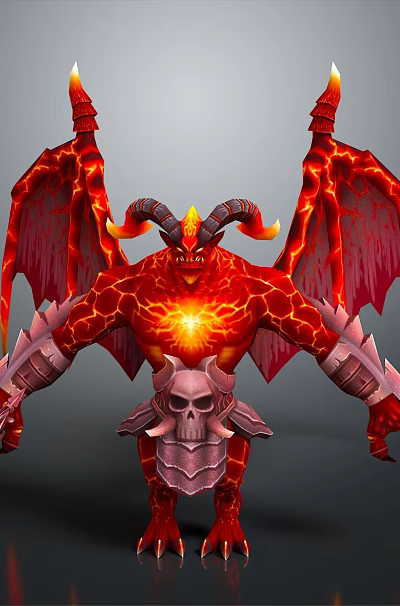 Red Demon Game And Movie Character With Horns Wings Glowing Core And Skull Decoration 3d model