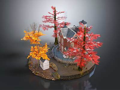Cartoon Scene With Red House Colorful Autumn Trees Small Building And Circular Base 3d model