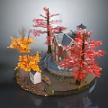 Cartoon Scene With Red House Colorful Autumn Trees Small Building And Circular Base