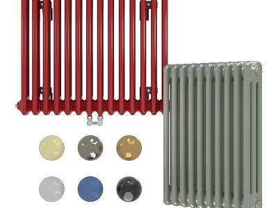 Red and Gray Radiators with Various Colored Knobs for Home Heating 3d model
