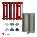 Red and Gray Radiators with Various Colored Knobs for Home Heating