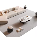 Minimalist Beige L Shaped Sofa And Coffee Table Set With Pillows Side Table And Open Book