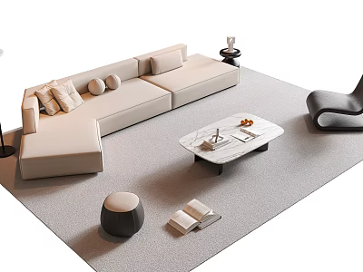 Minimalist Beige L Shaped Sofa And Coffee Table Set With Pillows Side Table And Open Book 3d model