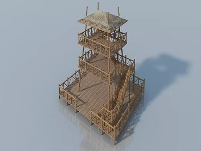 Bamboo Swing Door For Multi Level Tower Structure With Wooden Platforms And Stairs 3d model