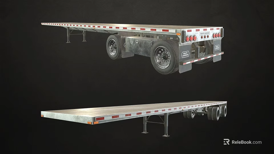 Sturdy Metal Flatbed Trailer Featuring Long Deck Multiple Axles Red Reflective Strips And Support Legs 3d model