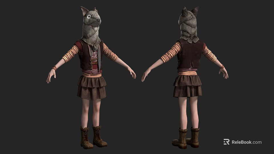 3D Game Movie Character with Cat Ears Striped Long Sleeves Vest Short Skirt Boots 3d model 