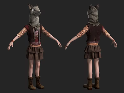 3D Game Movie Character with Cat Ears Striped Long Sleeves Vest Short Skirt Boots 3d model
