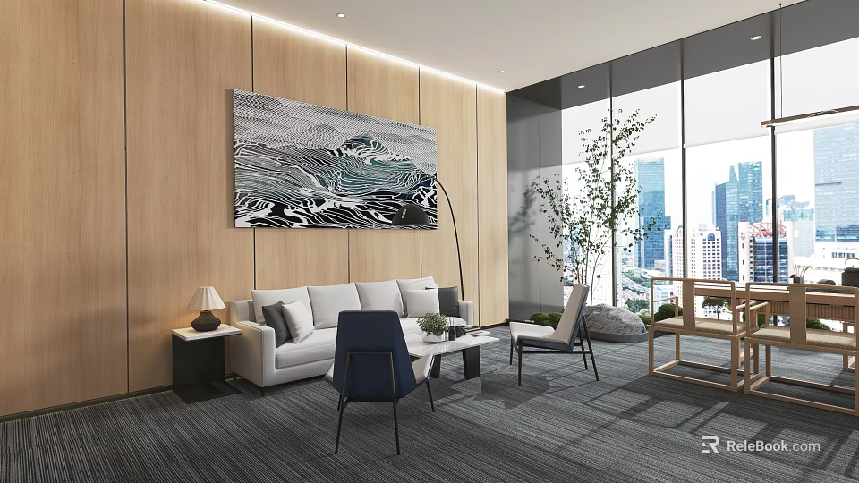 Modern Lounge Area With Wooden Walls Abstract Painting Sofa Chairs Large Windows And City View 3d model 