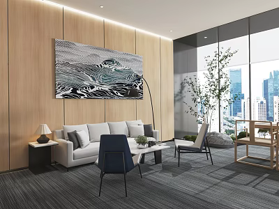 Modern Lounge Area With Wooden Walls Abstract Painting Sofa Chairs Large Windows And City View 3d model