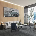 Modern Lounge Area With Wooden Walls Abstract Painting Sofa Chairs Large Windows And City View