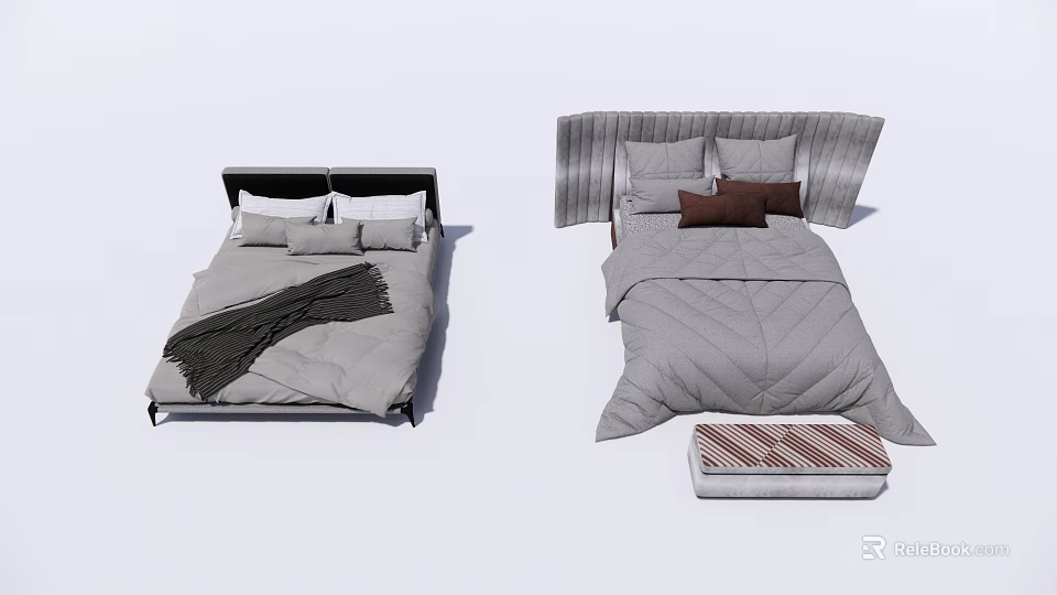 Modern Double Bed With Black Gray Headboard Gray Bedding Pillows And Striped Stool 3d model