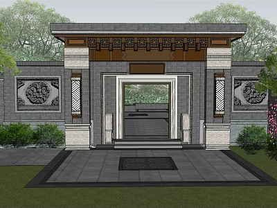 Chinese Style Courtyard Garden Entrance With Gray Brick Walls Carved Decorations And Green Plants 3d model