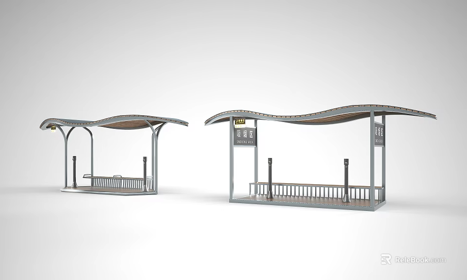 Modern Bus Stop Shelter Design With Curved Roof Seats And Signs 3d model 
