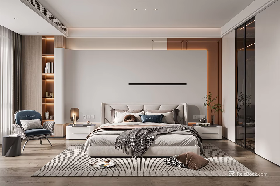 Modern Bedroom Interior Design With Bed Nightstands Area Rug And Accent Chair 3d model 