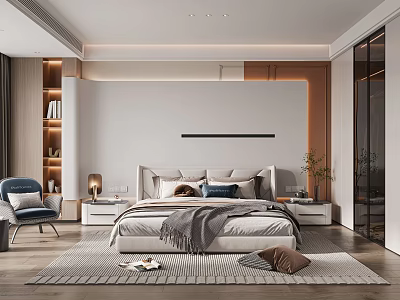 Modern Bedroom Interior Design With Bed Nightstands Area Rug And Accent Chair 3d model