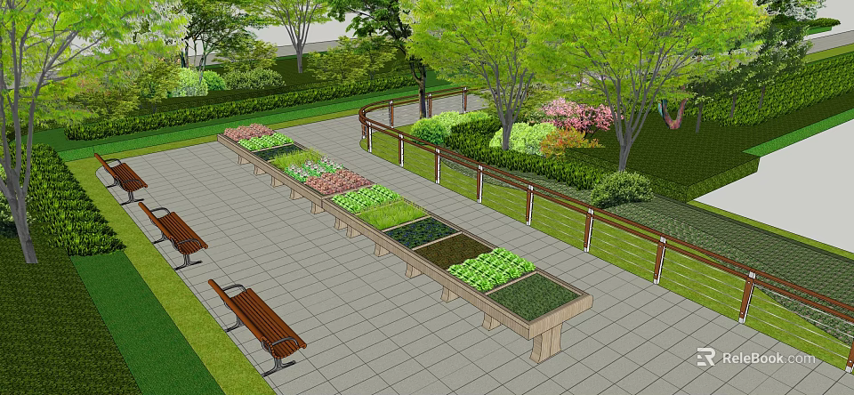 Garden Landscape With Rectangular Planter Boxes Wooden Benches And Stone Pavement 3d model 