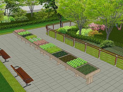 Garden Landscape With Rectangular Planter Boxes Wooden Benches And Stone Pavement 3d model
