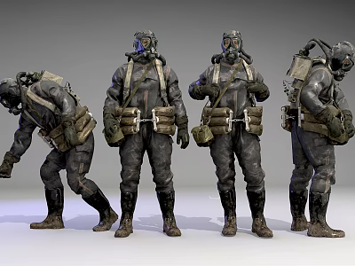 Protective Suit Character Models With Gas Masks And Different Poses 3d model