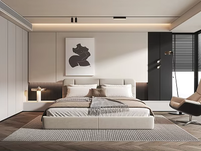 Modern Bedroom Interior Design With Beige Bed Abstract Painting Area Rug And Accent Chair 3d model