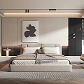 Modern Bedroom Interior Design With Beige Bed Abstract Painting Area Rug And Accent Chair