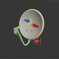 White Circular Wall Mounted Appliance With Blue Red Patterns KO OP Lettering And Power Cord