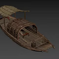 Traditional Wooden Boat With Bamboo Canopy Red Lanterns And Wooden Deck