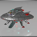 Futuristic Silver Flying Saucer Spaceship with Red Accents Cockpit and Landing Gear for Cosmic Exploration